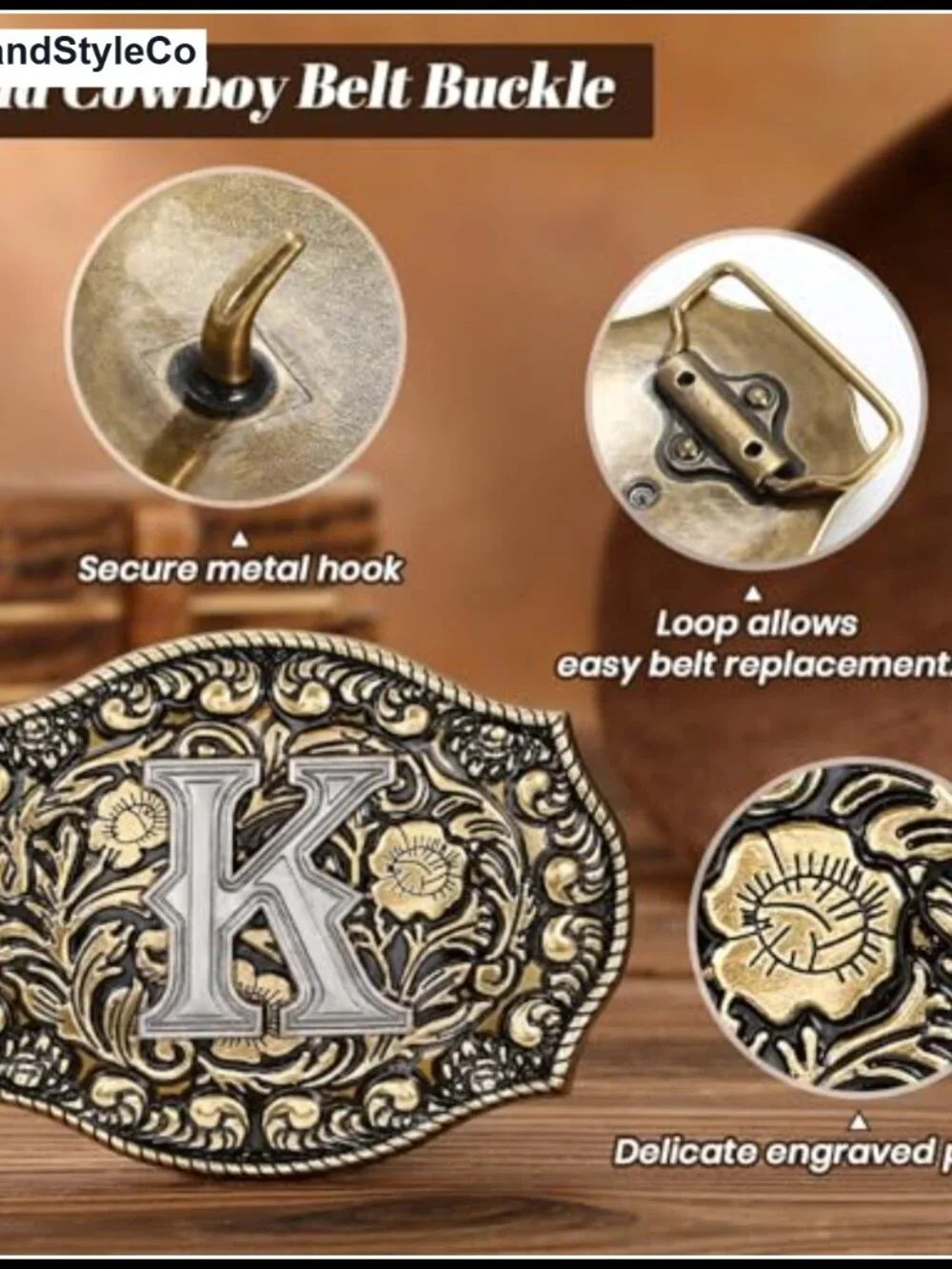 Western Belt Buckle Initial K Cowboy Rodeo Floral Metal Alloy for Men Women